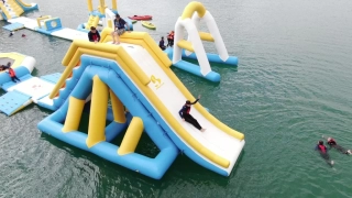 Sliding down the slide at Fenland Aquapark